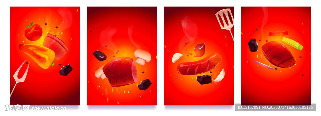红色背景上的BBQ烧烤插画