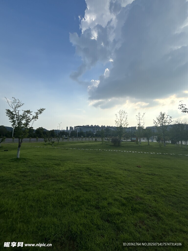 广阔绿草地与蓝天白云