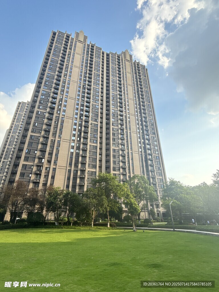 城市高楼旁的翠绿草坪