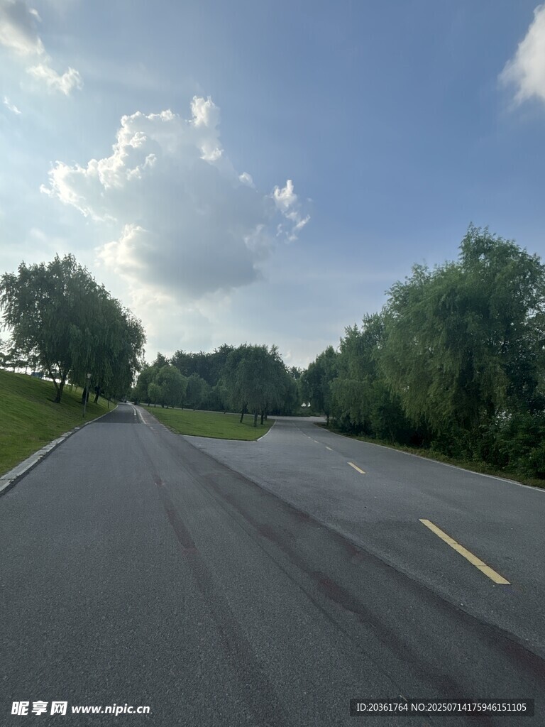 宽阔公路旁绿树蓝天白云