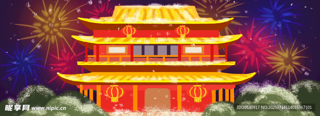 中式楼阁与绚烂烟花夜景
