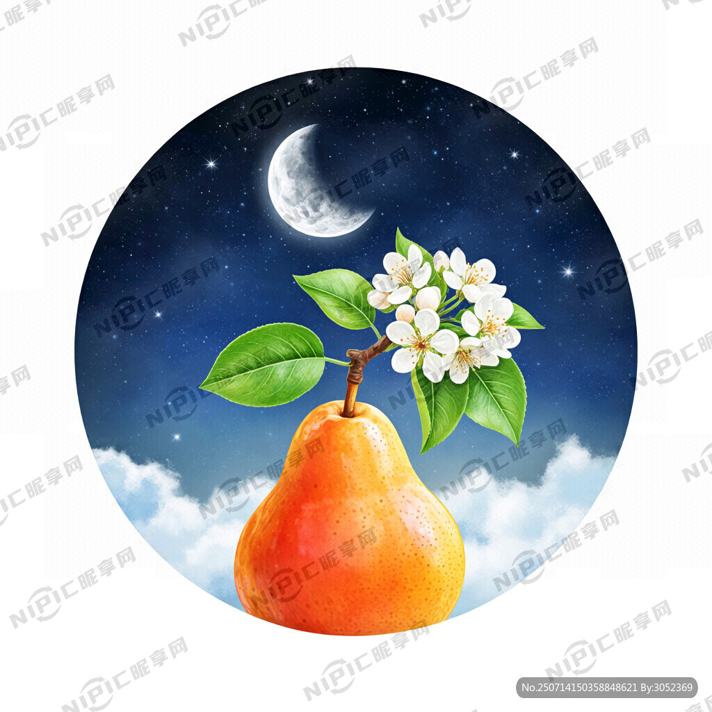 手绘 月亮 星空 圆型橙色梨