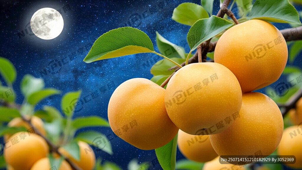 一颗饱满圆润的黄金梨 蓝色星空