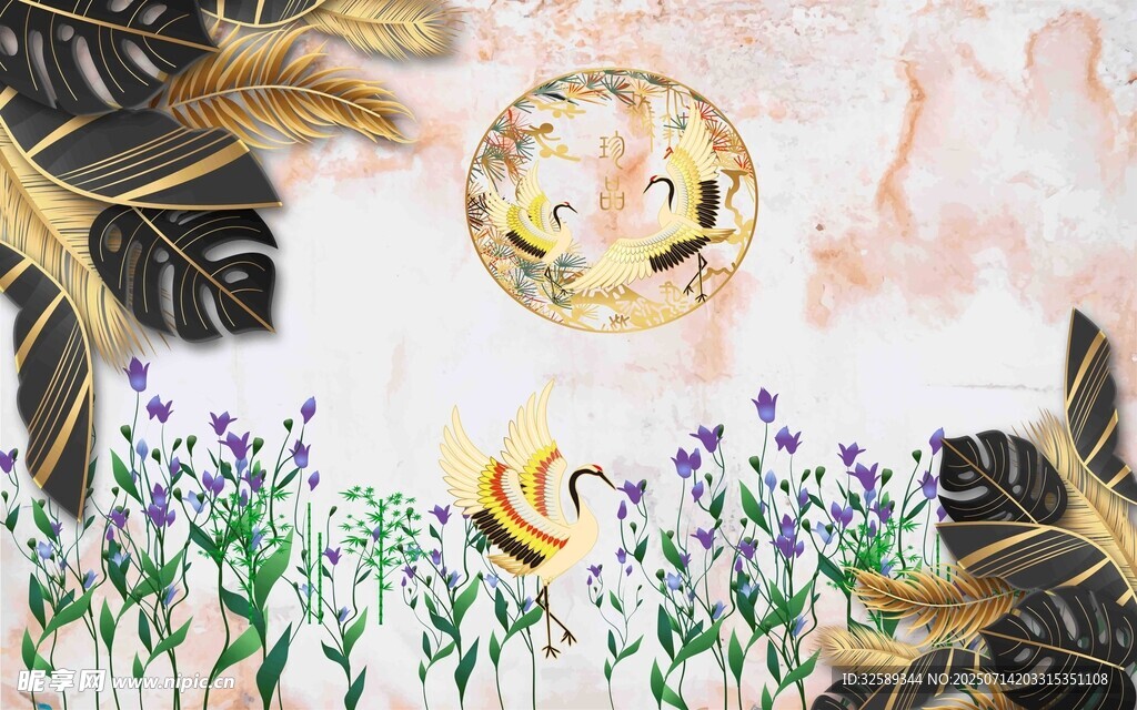 梦幻花卉与复古元素插画