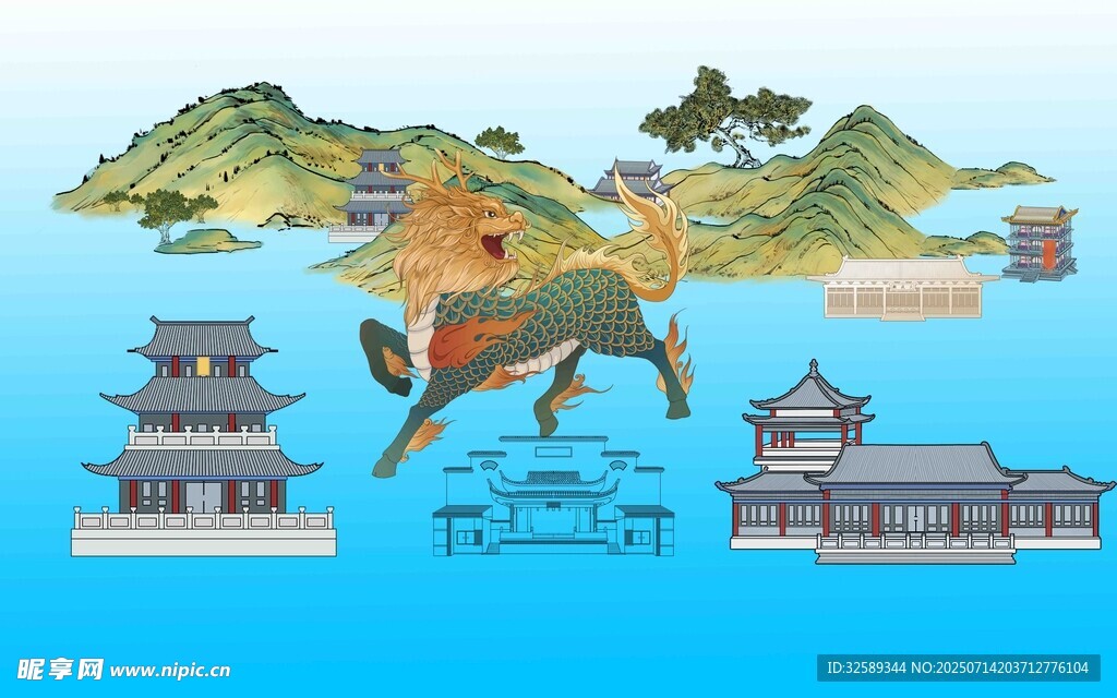 中国风建筑与山水图景