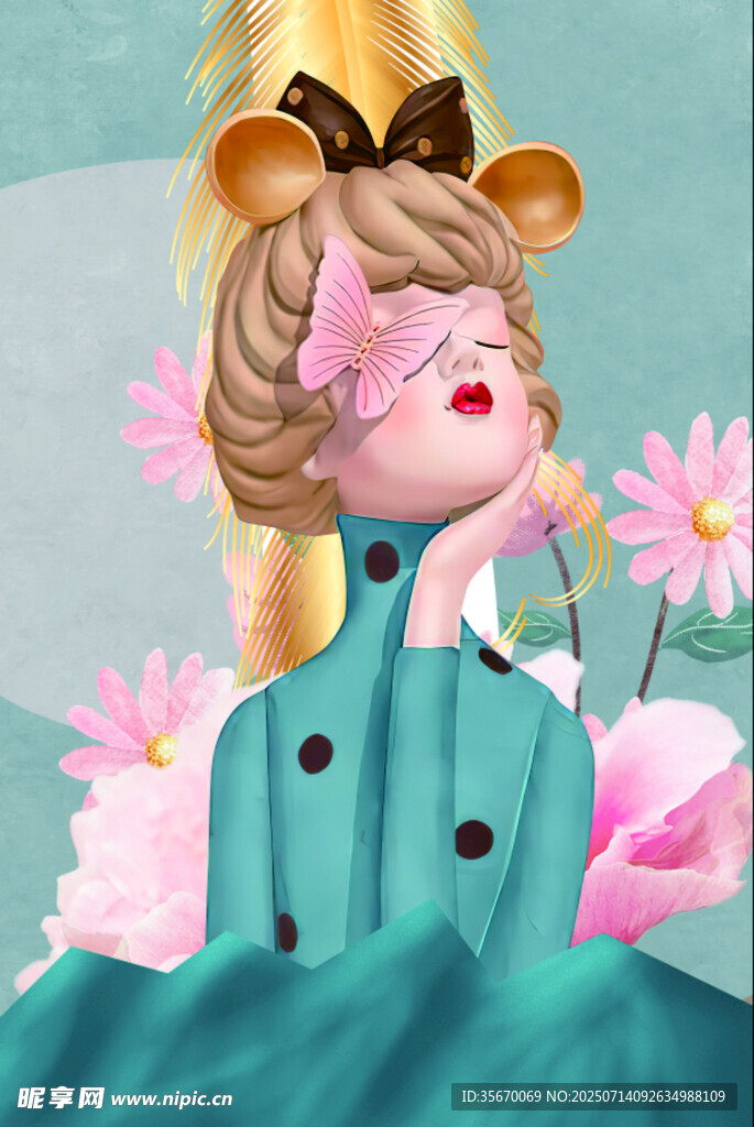 可爱小鹿女孩与粉色花朵