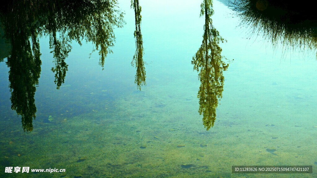 湖面倒影中的静谧自然景象