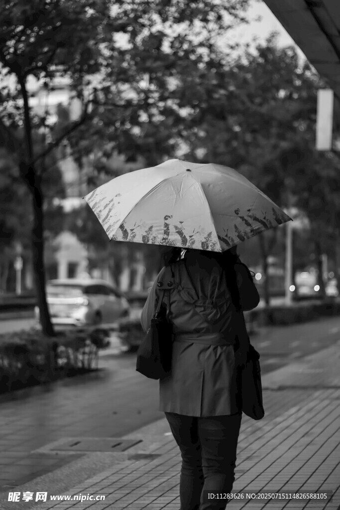 雨中撑伞独行的身影