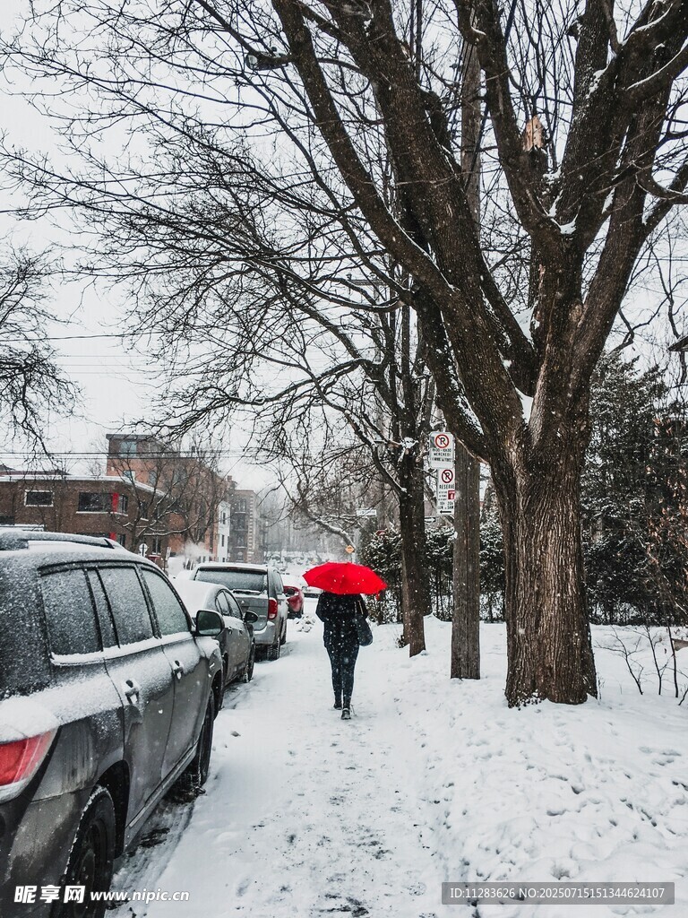 雪中撑红伞行走的行人