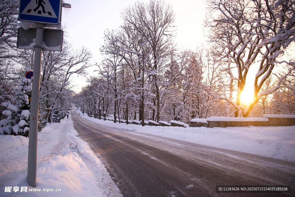 冬日雪后道路的美丽晨光