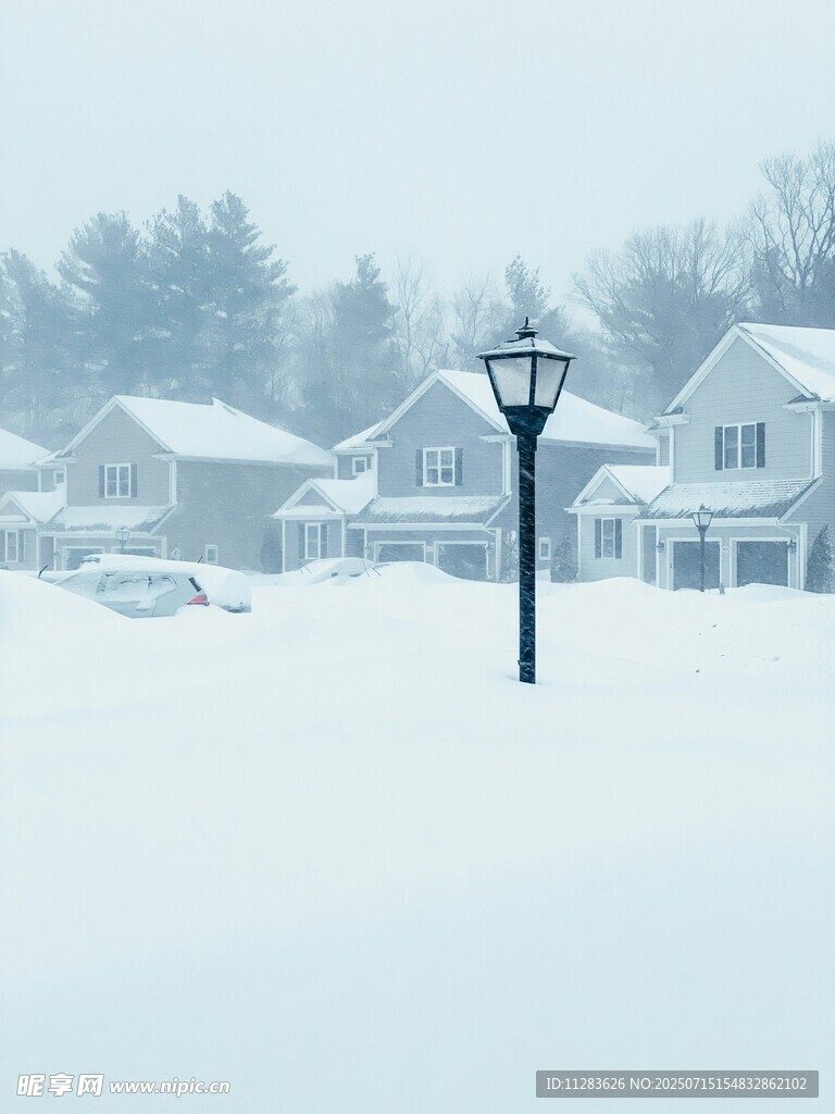 雪后静谧街道的路灯