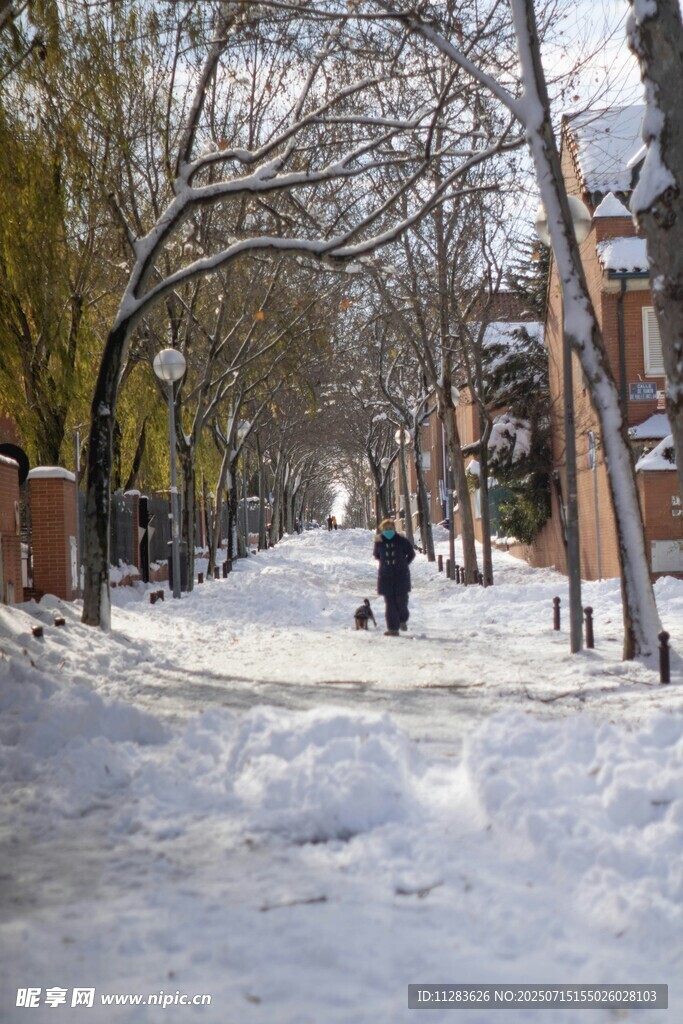 冬日雪中小巷行人景象