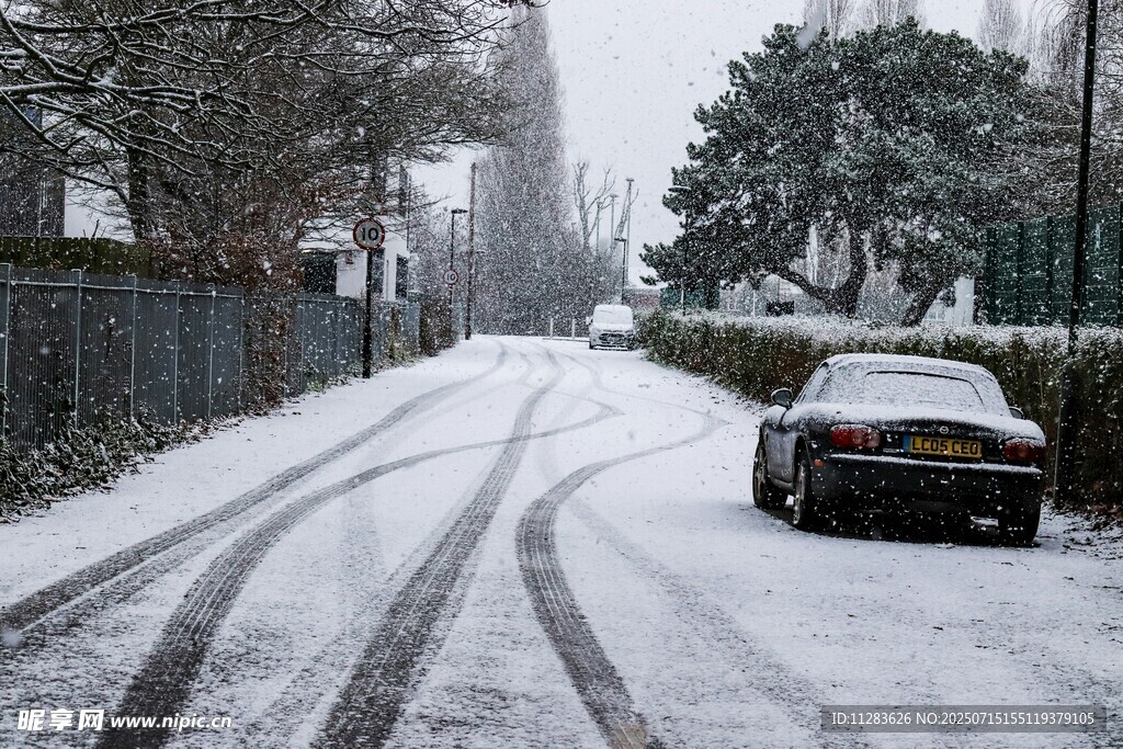 雪后街道上的覆雪汽车