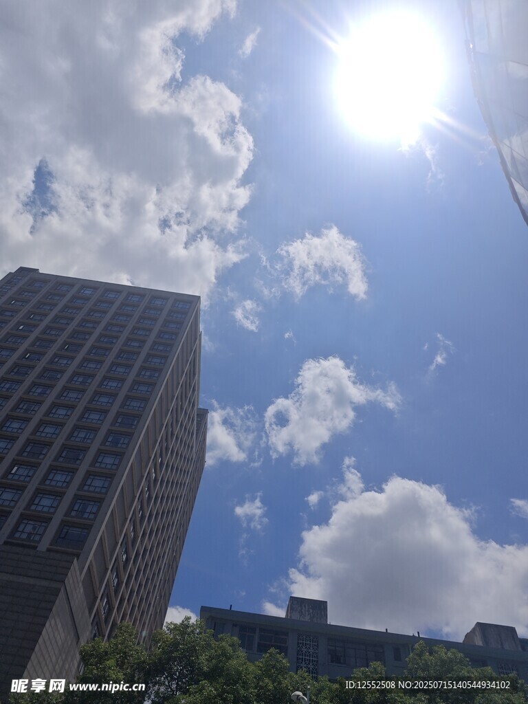 阳光下的城市高楼与蓝天