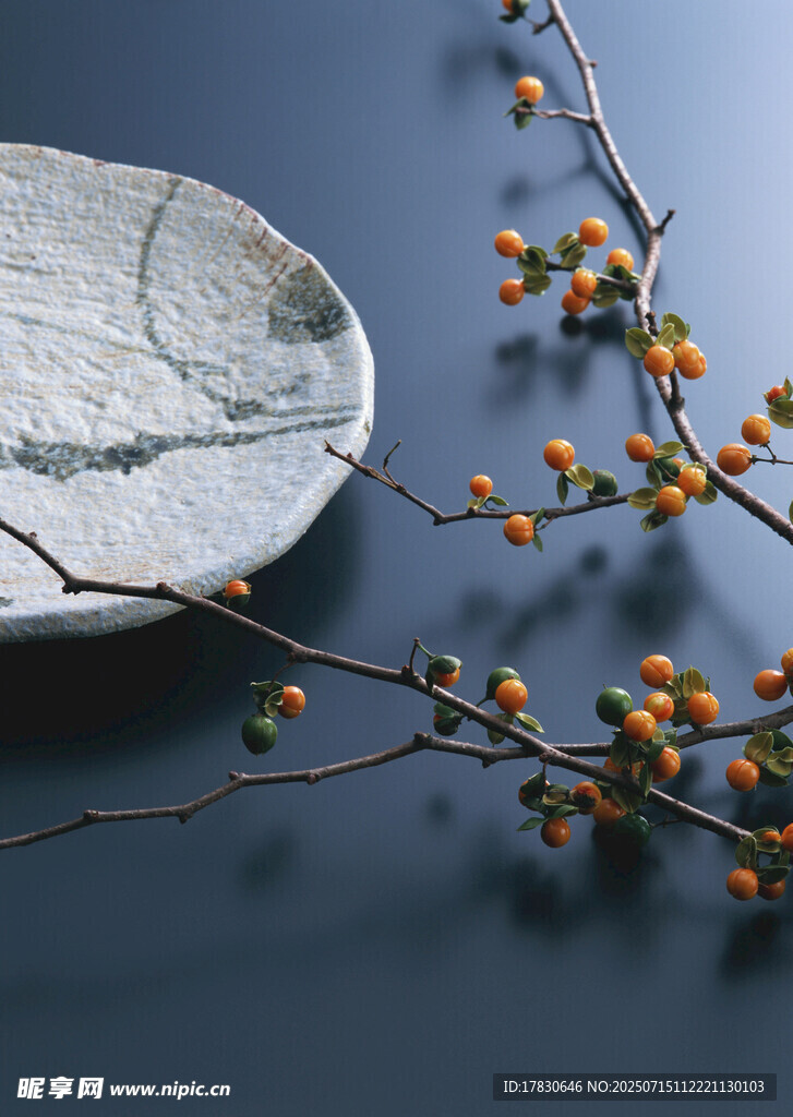 中式风果枝与纹理餐盘