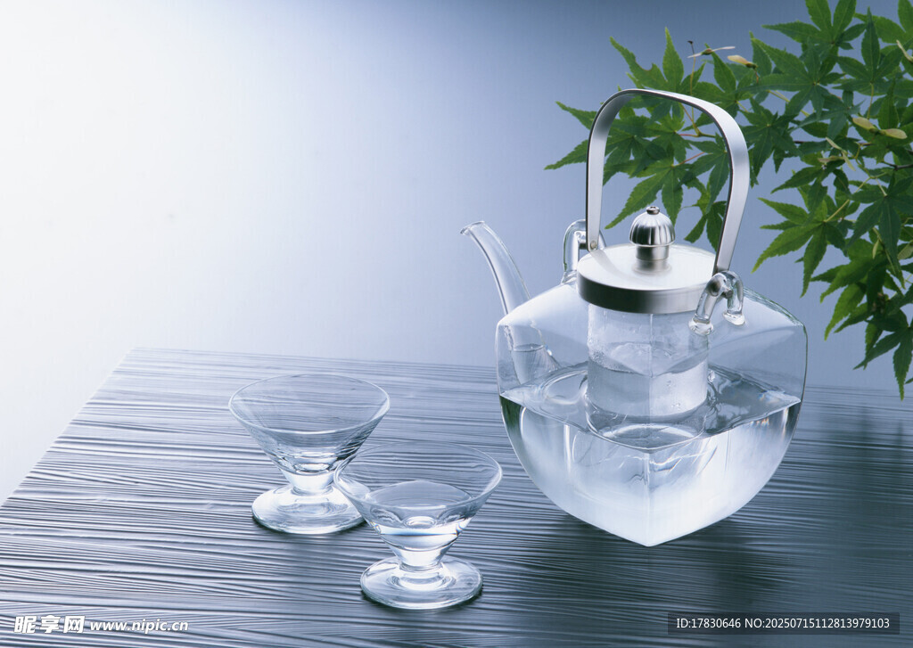 玻璃茶具与绿植的雅致组合