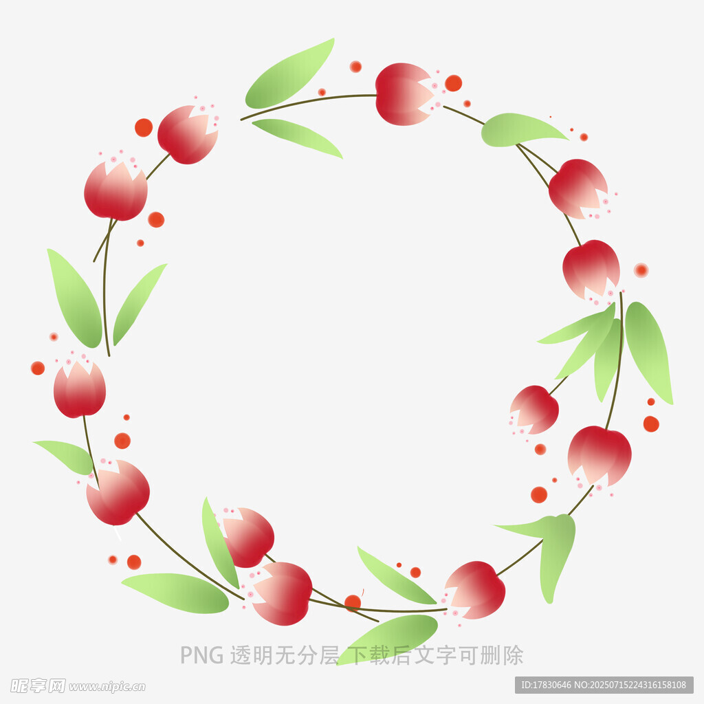 红色花朵绿叶装饰花环