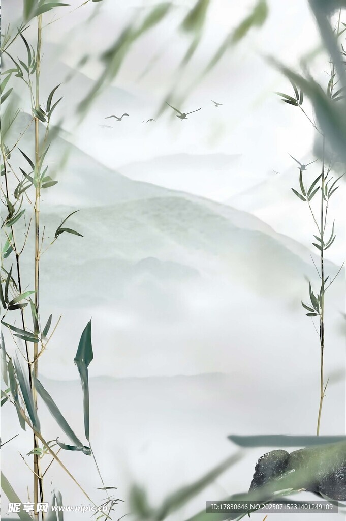水墨山水间的静谧植物景