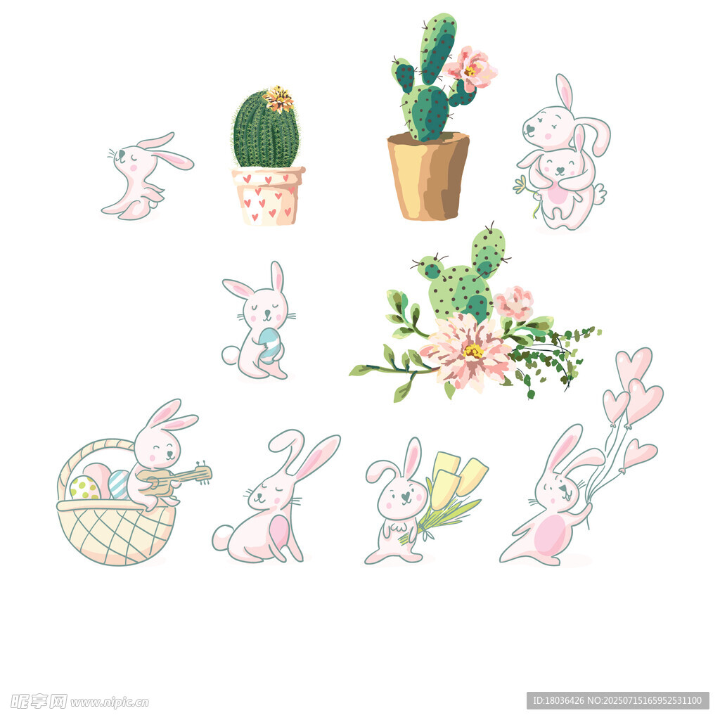 可爱手绘兔子花卉插画元素