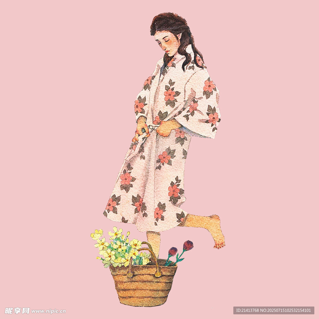 身着花裙提篮的优雅女子