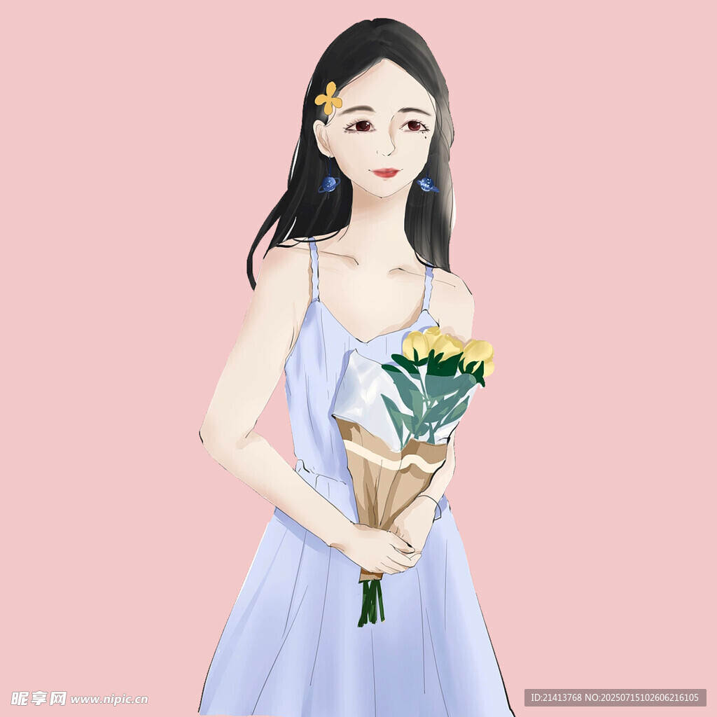 手持花束的优雅紫衣女孩