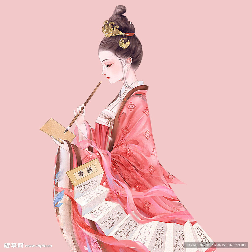 古风红衣女子优雅抚琴