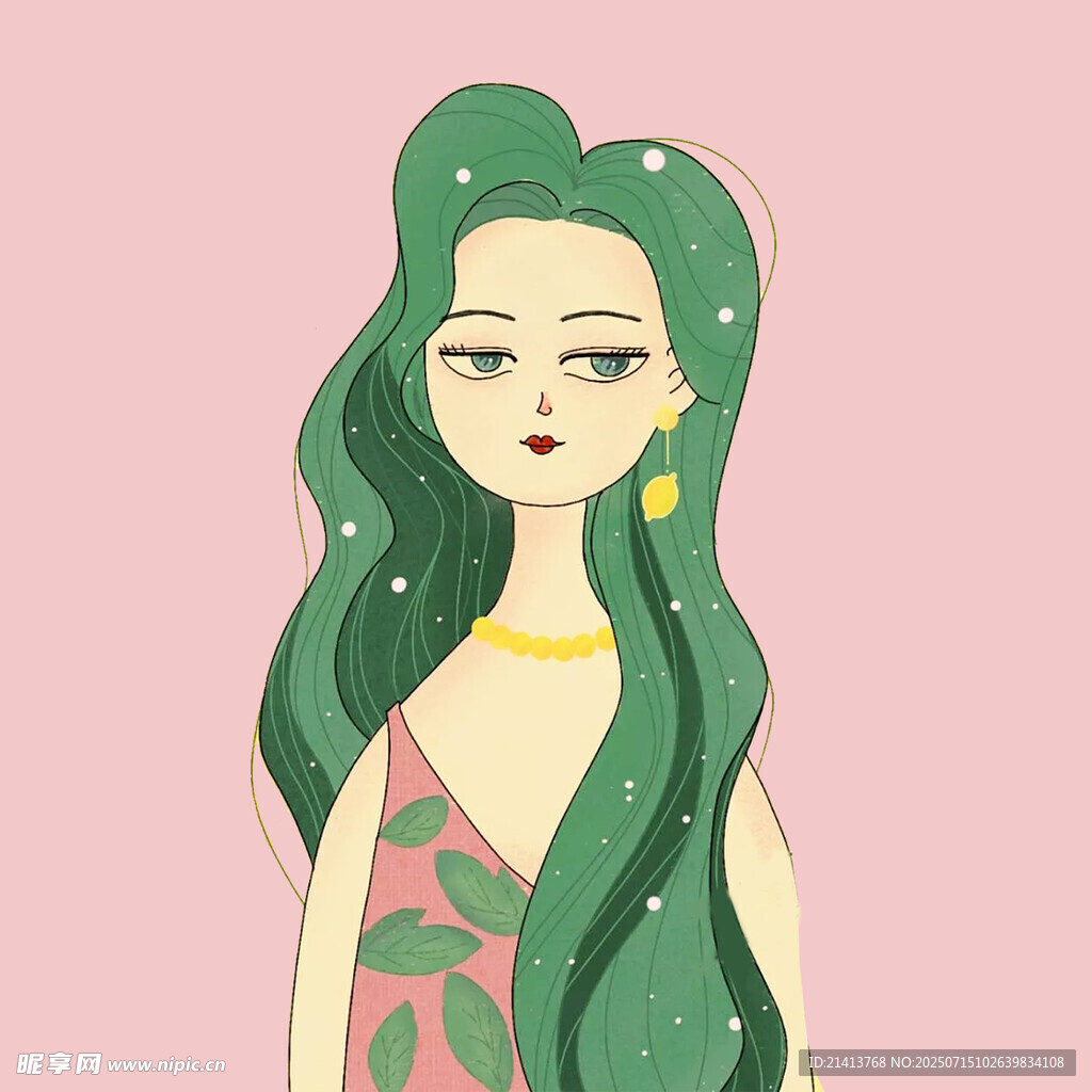 绿发时尚女孩插画形象