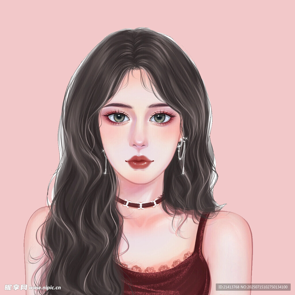 长发红衣时尚少女插画