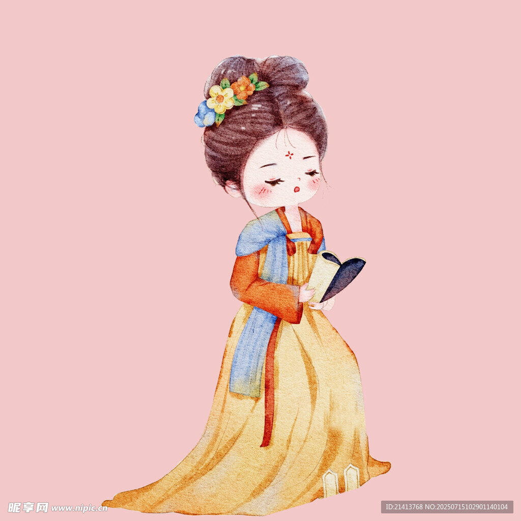 古装少女捧书优雅模样