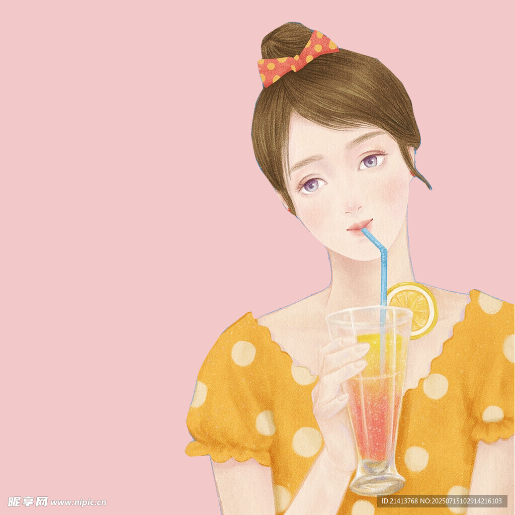 喝果汁的波点裙甜美女孩