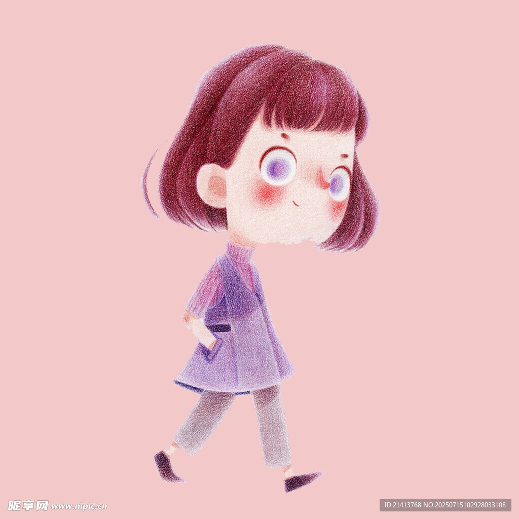 行走的可爱短发紫衣女孩