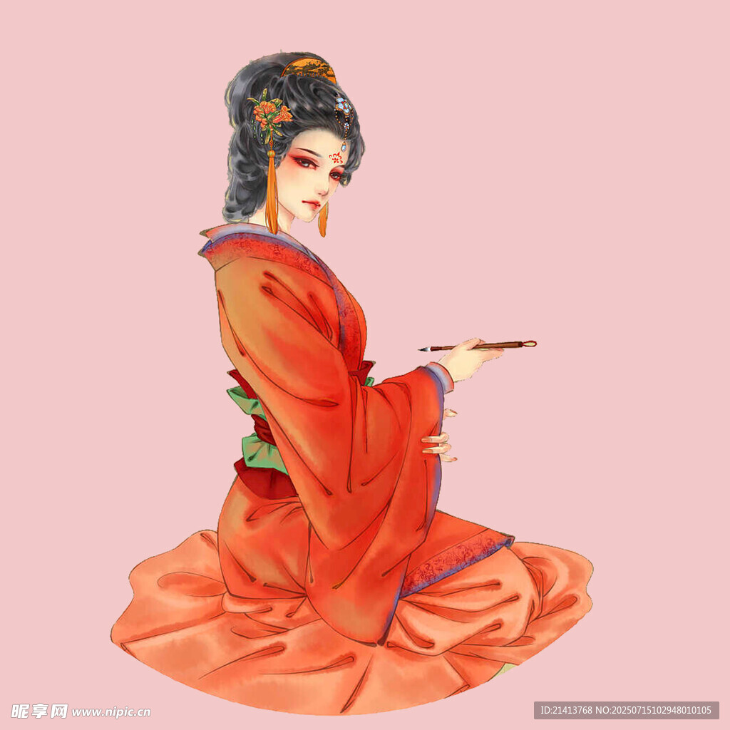 古风红衣女子优雅持物