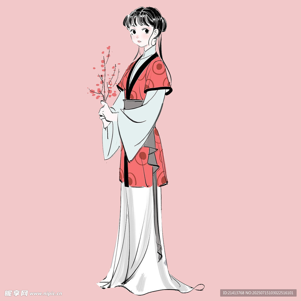 古典汉服女子手持花枝