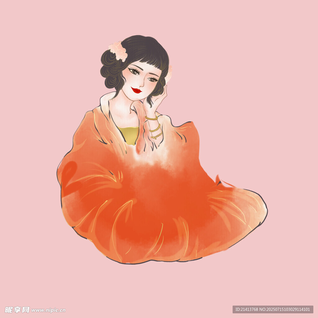 古风美人  橙衣优雅端坐