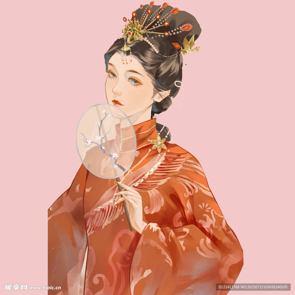 古风红衣持扇古典美人