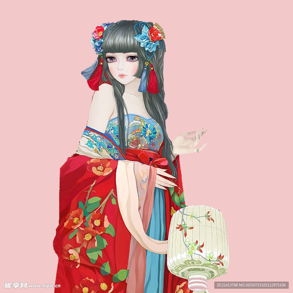 古风红衣持扇古典美人