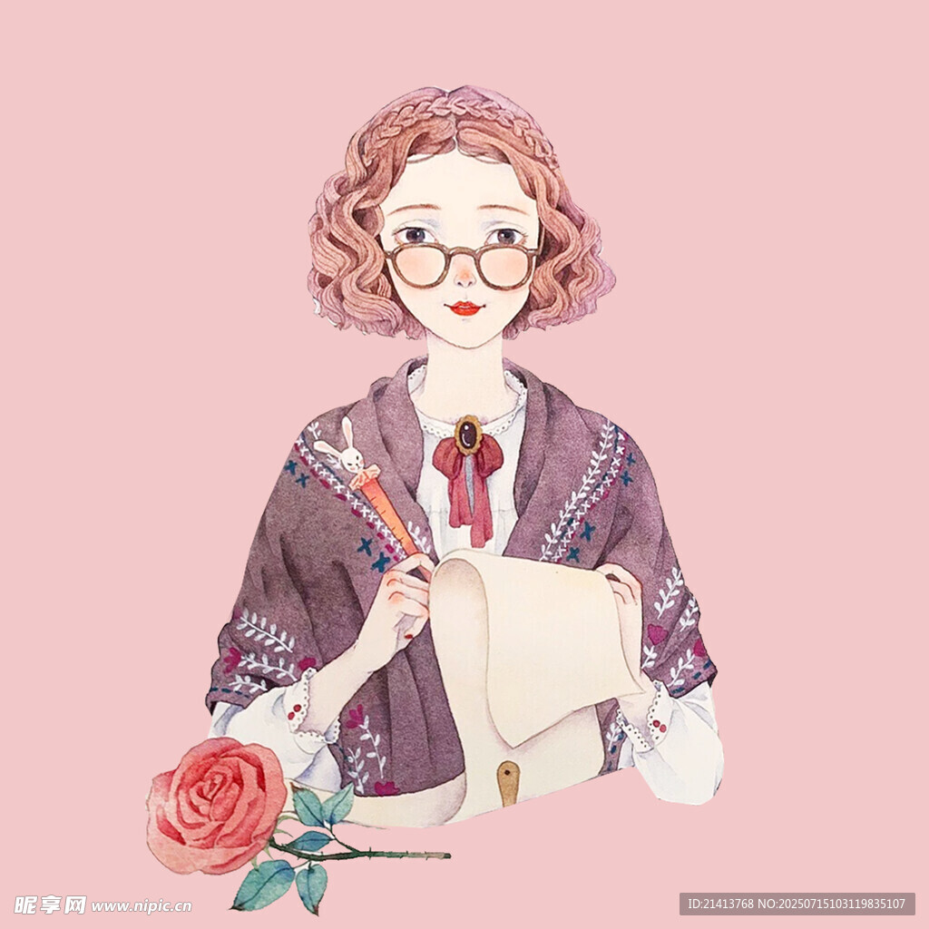 复古风卷发女士手拿书本