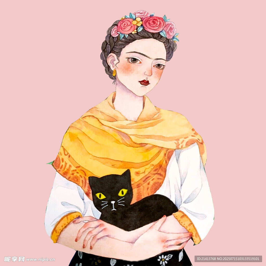 怀抱黑猫的墨西哥风情女子