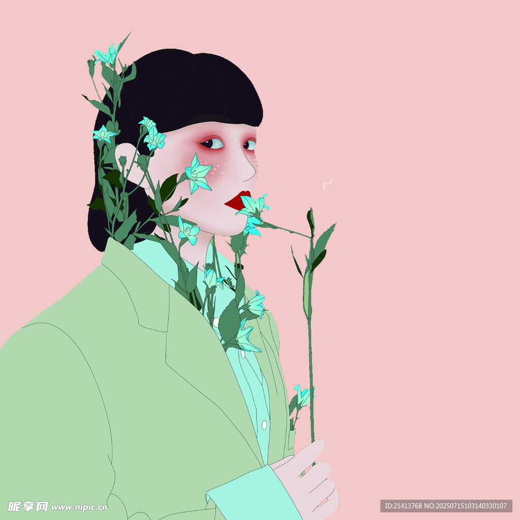 手持花枝的文艺女子