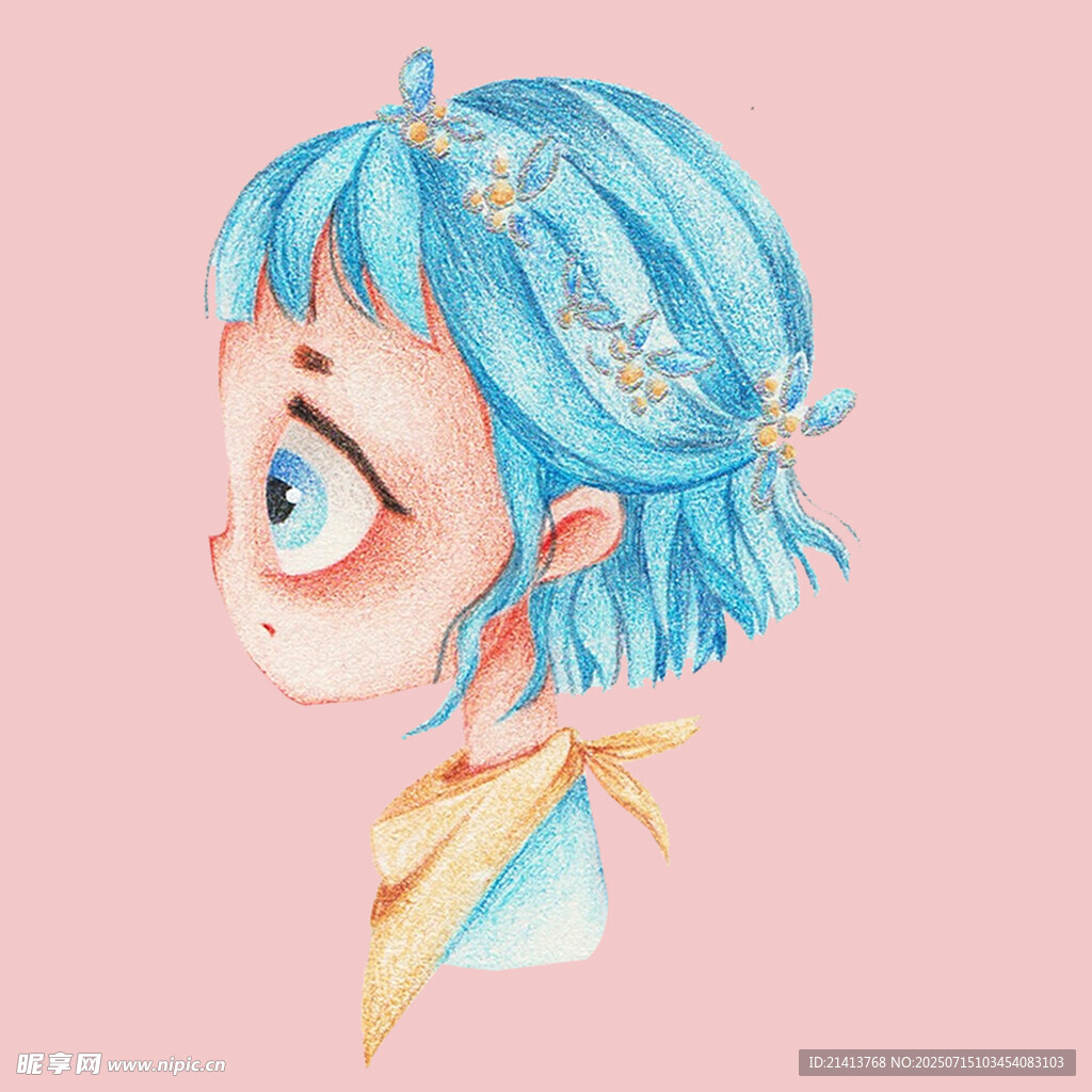 蓝发萌系少女侧脸插画