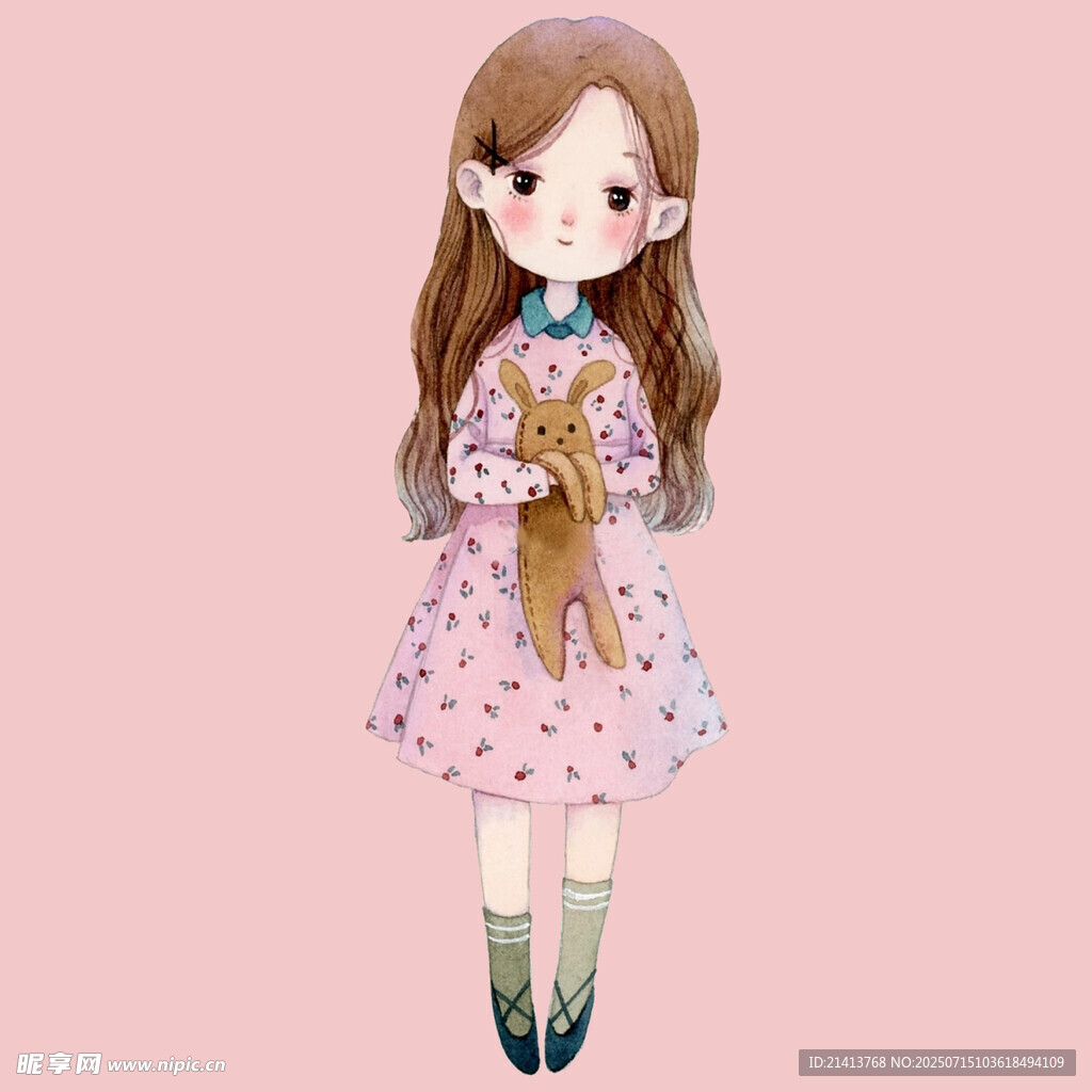 抱玩偶的波点裙女孩