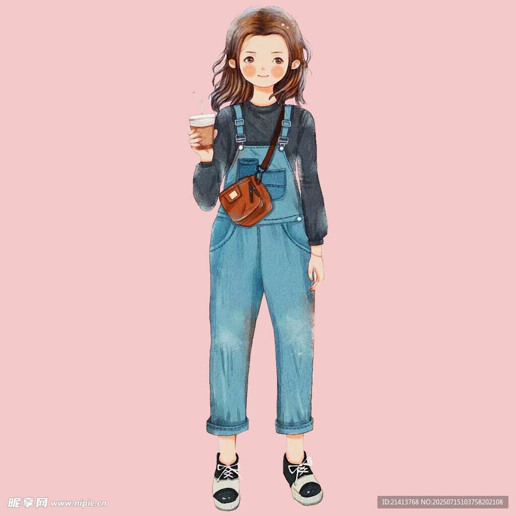 背带裤女孩手持饮品插画