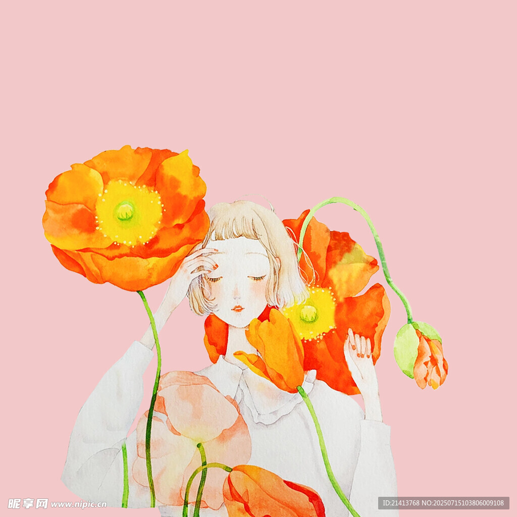 粉色背景下的花朵与人物