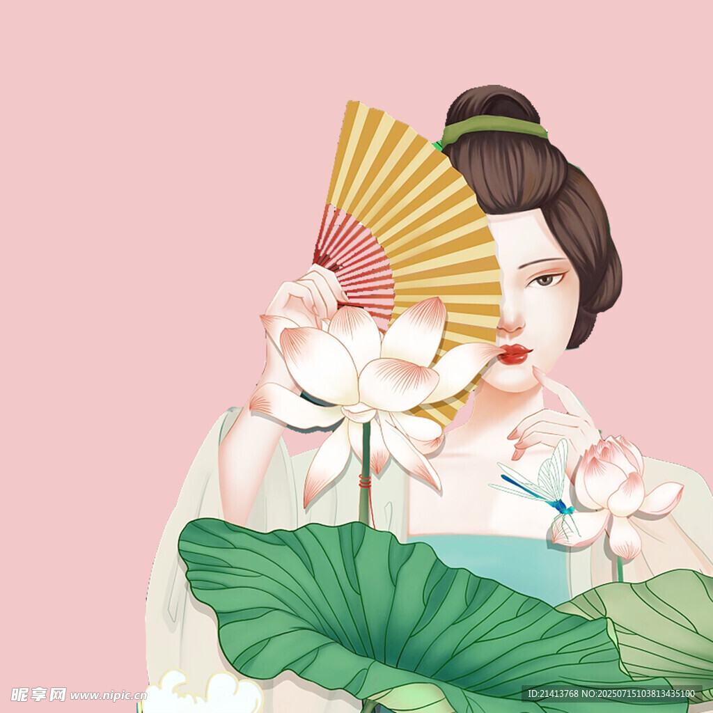 古风美人持扇赏荷图