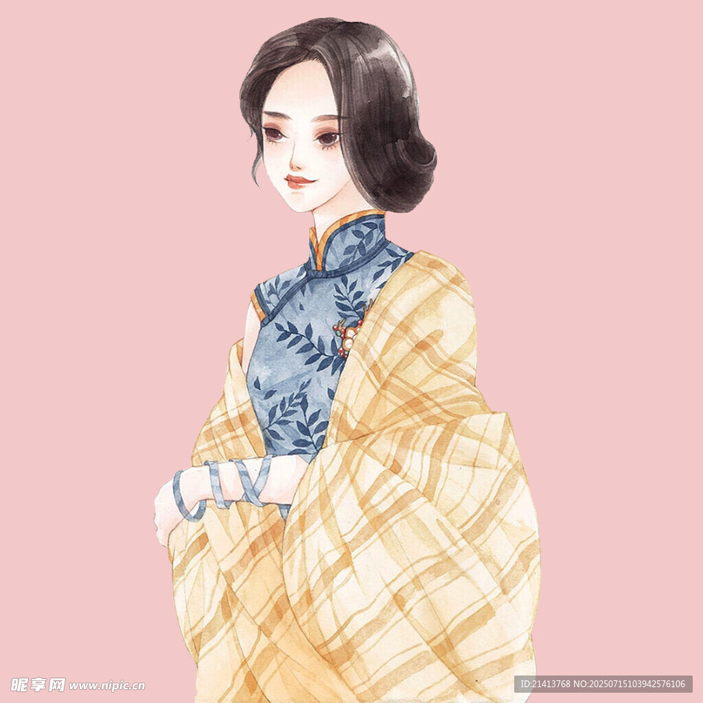 古风女子披格纹披肩