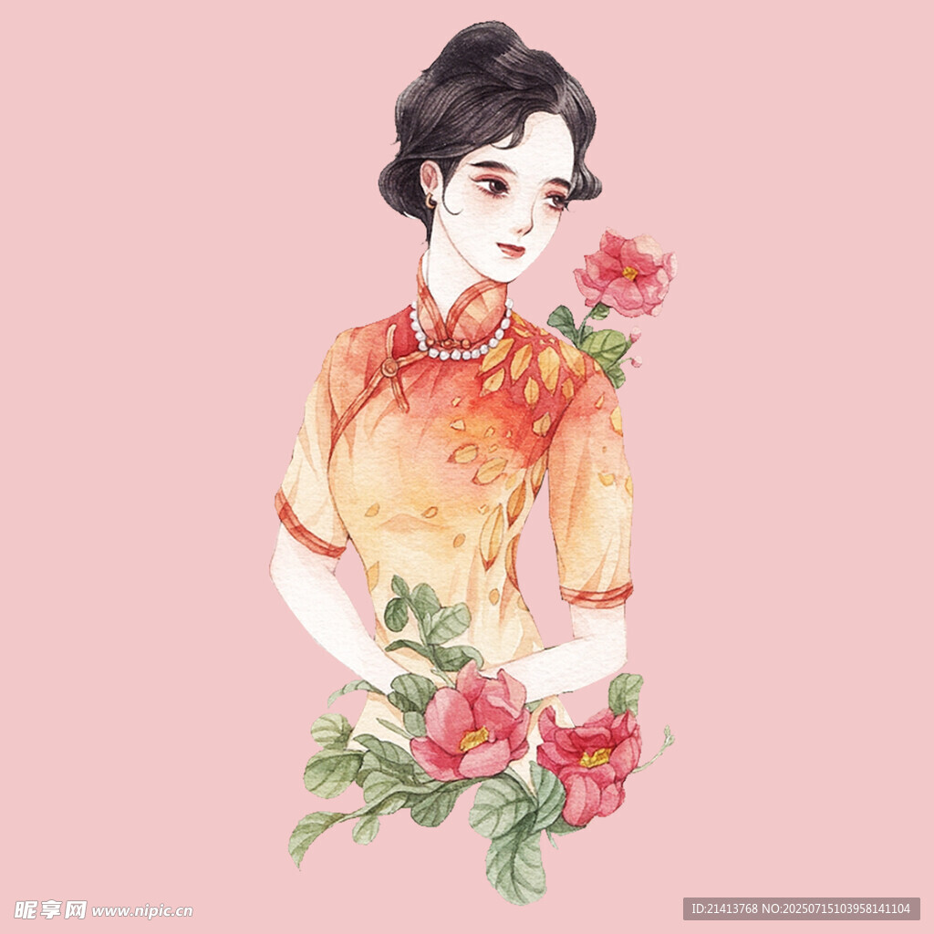 旗袍女子手持娇艳花朵