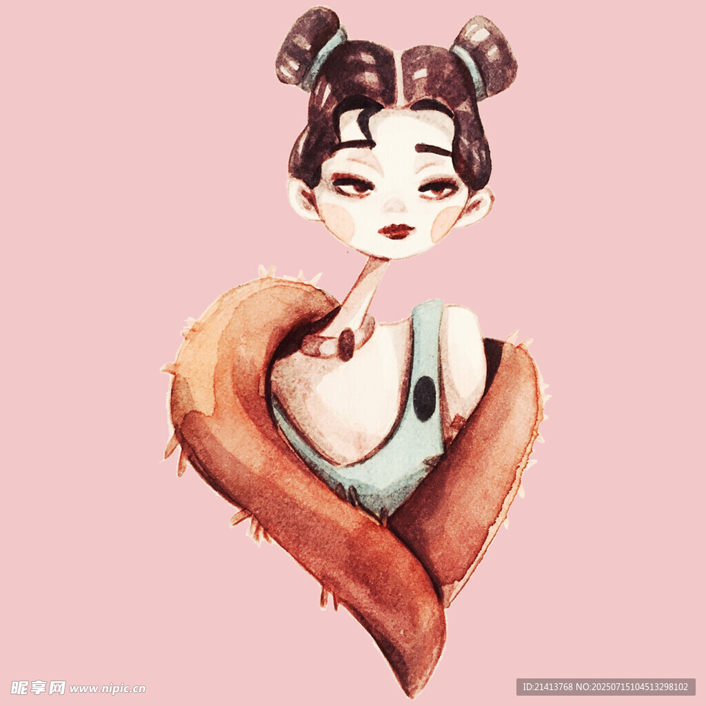 古风双髻少女  身披毛领
