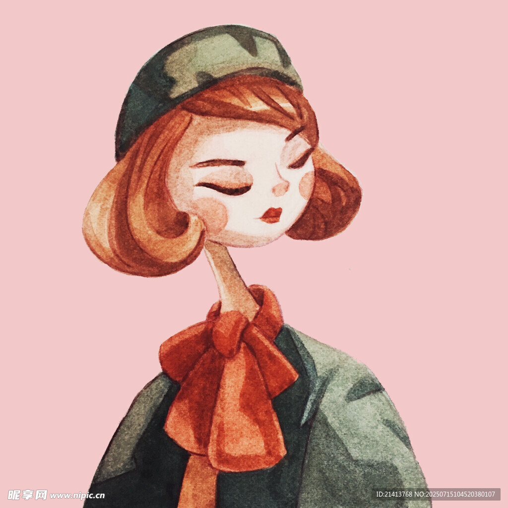 戴军帽系红围巾的俏皮女孩
