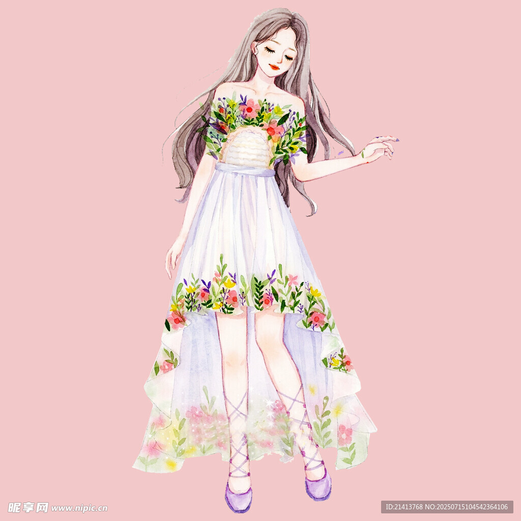 花饰长裙少女优雅姿态