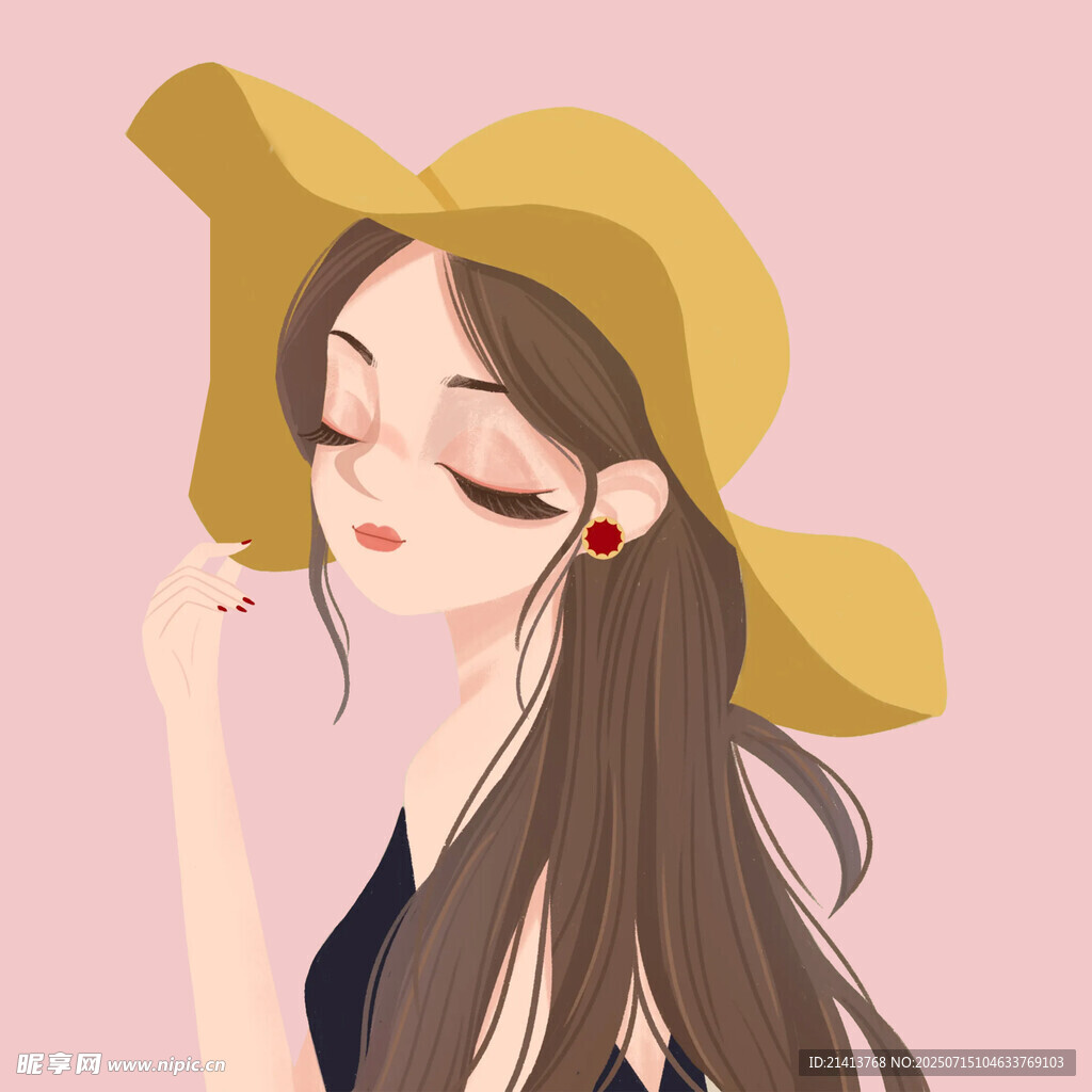 戴黄帽的优雅长发女孩